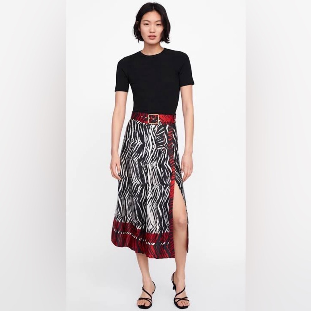 Zara Zebra Print Pleated Midi Skirt with Red Highlights
